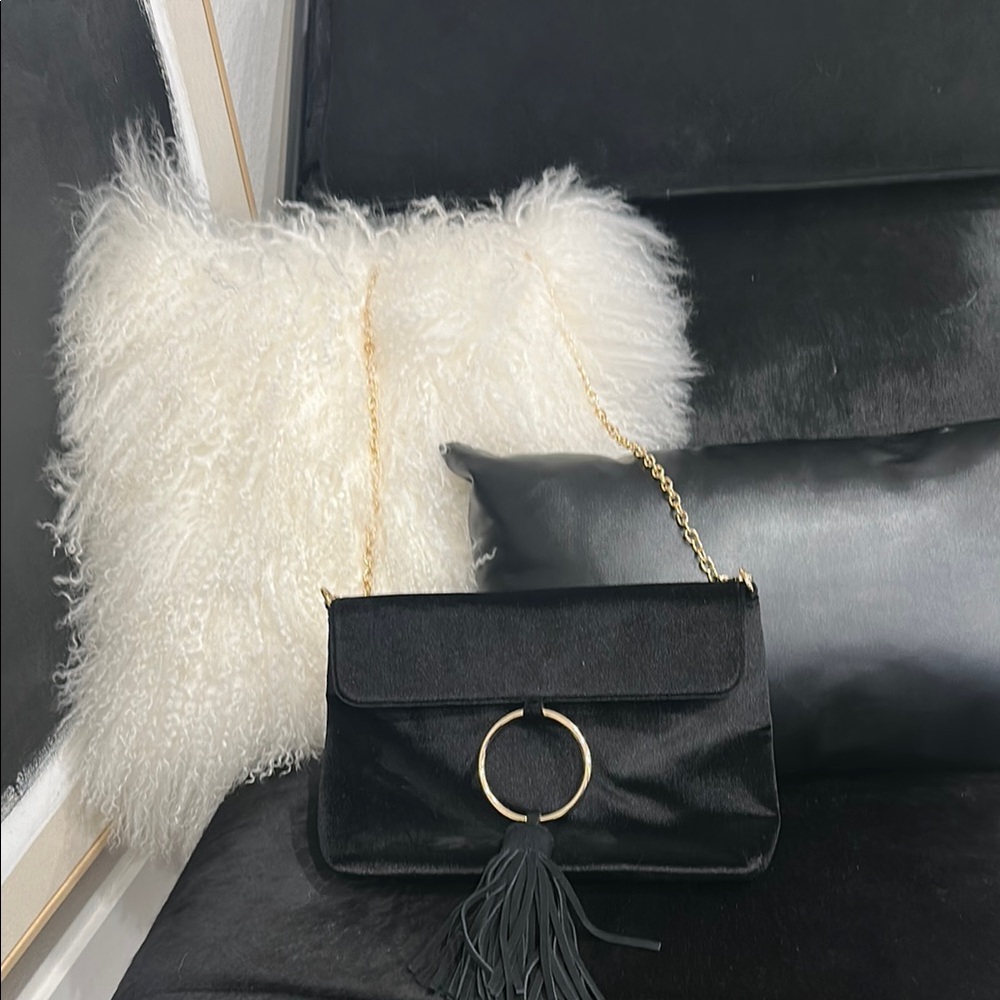 Velour Elegant Black Handbag with Gold Accents